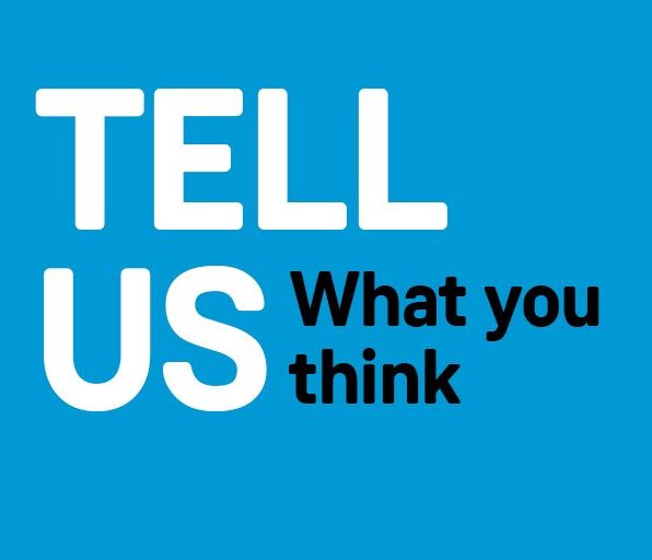 The words "tell us what you think" on a blue background